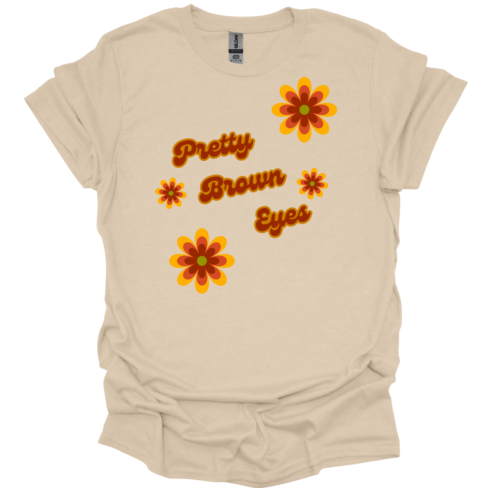 Pretty Brown Eyes Retro T-Shirt – Vintage 70s Daisy Graphic Tee for Gen X Women