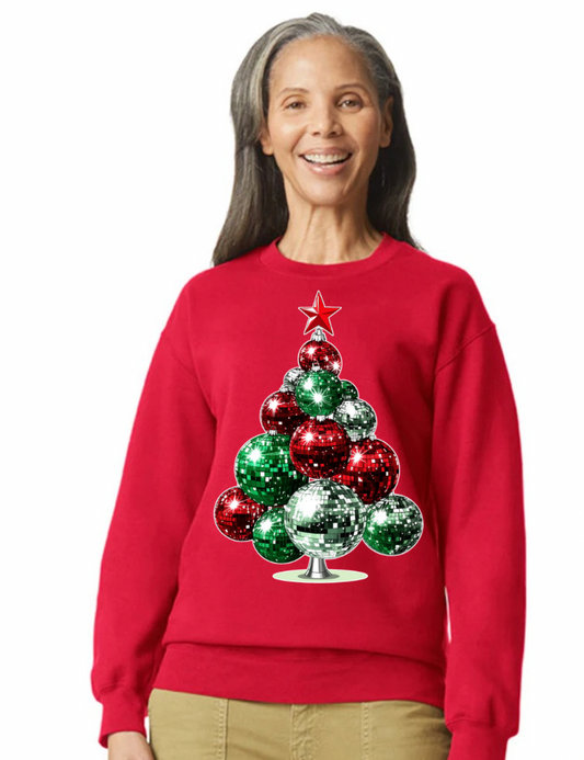 Festive Disco Ball Christmas Tree Sweatshirt for Holiday Fun