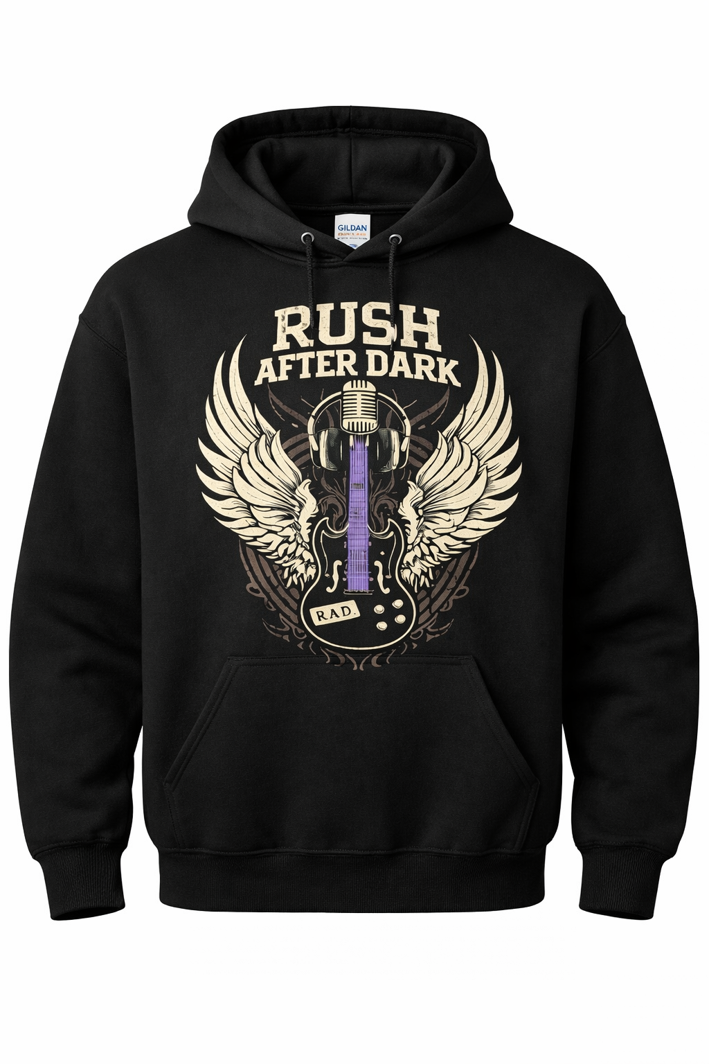 Rush After Dark Hoodie – Vintage Winged Guitar Graphic | Purple & Black Gen X Music Hoodie