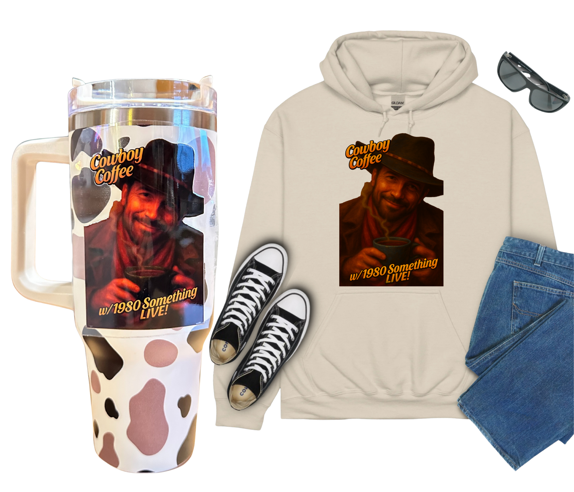 Cowboy Coffee Combo – LIMITED EDITION Hoodie + Tumbler Set | 1980 Something LIVE! Retro Cowboy Drinkware & Apparel
