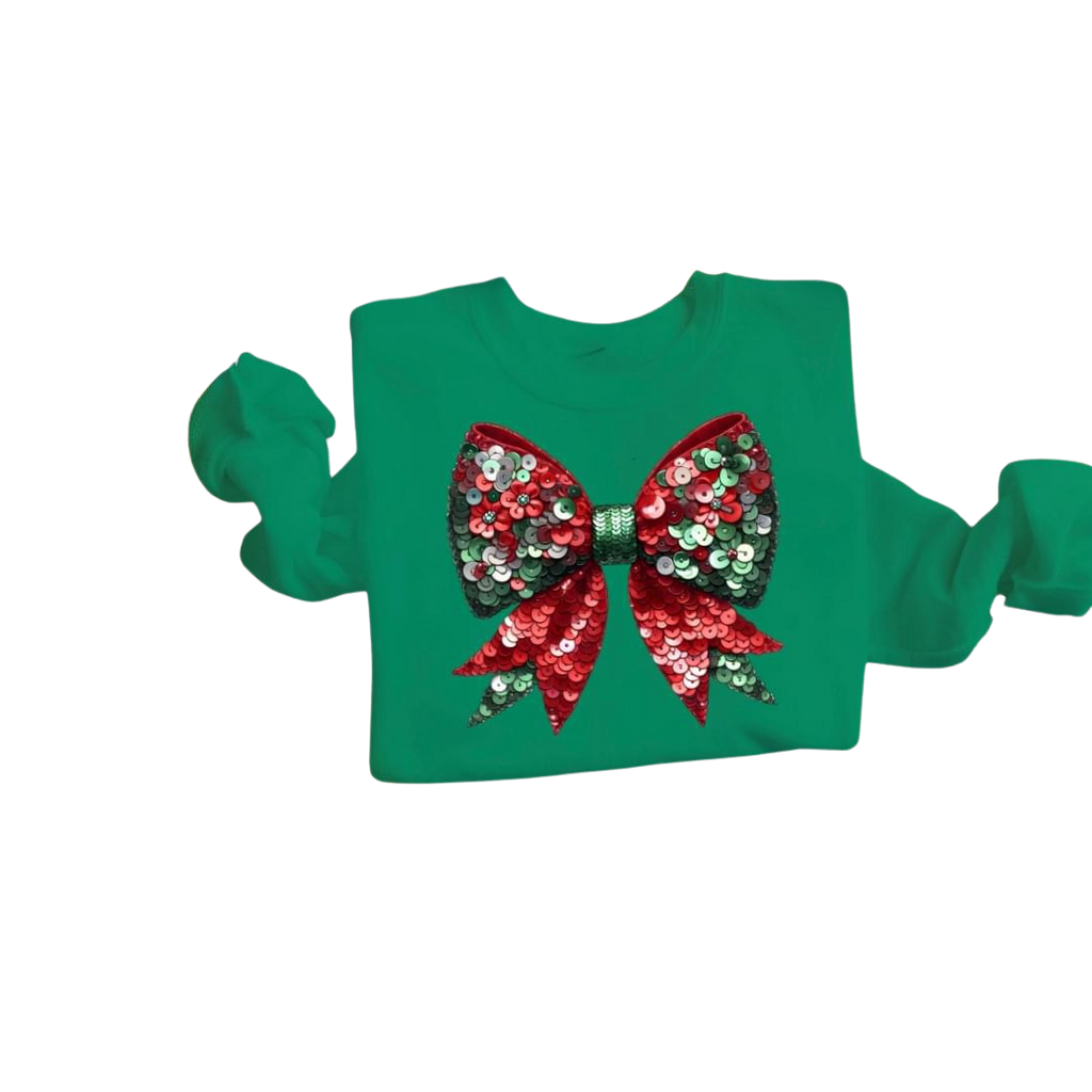 Red Green Faux Sequin Bow T, Long Sleeve T or Sweatshirt