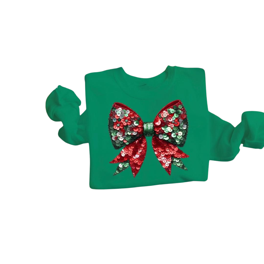 Red Green Faux Sequin Bow T, Long Sleeve T or Sweatshirt