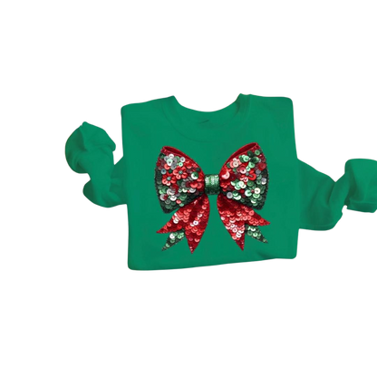 Red Green Faux Sequin Bow T, Long Sleeve T or Sweatshirt