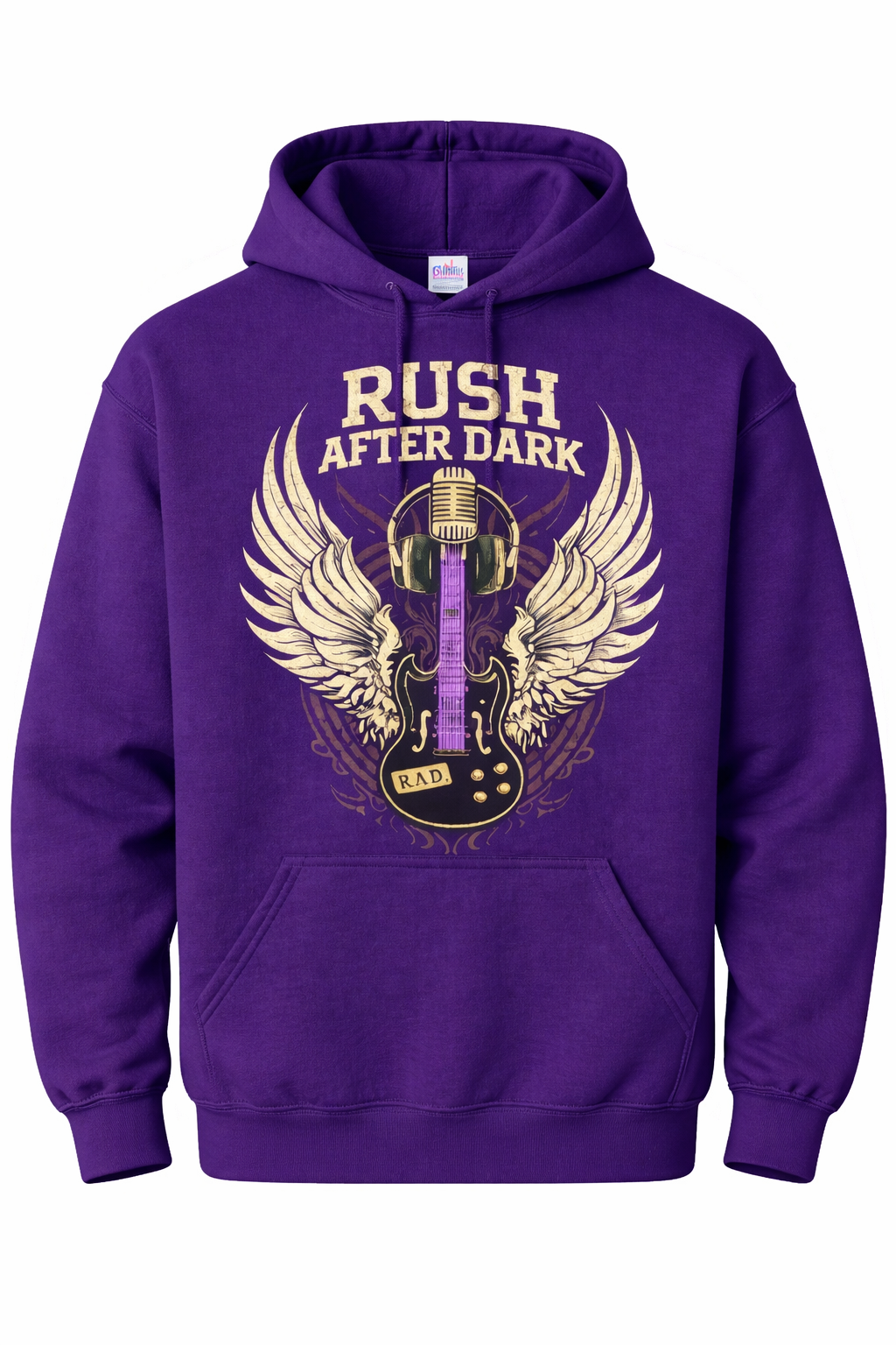 Rush After Dark Hoodie – Vintage Winged Guitar Graphic | Purple & Black Gen X Music Hoodie