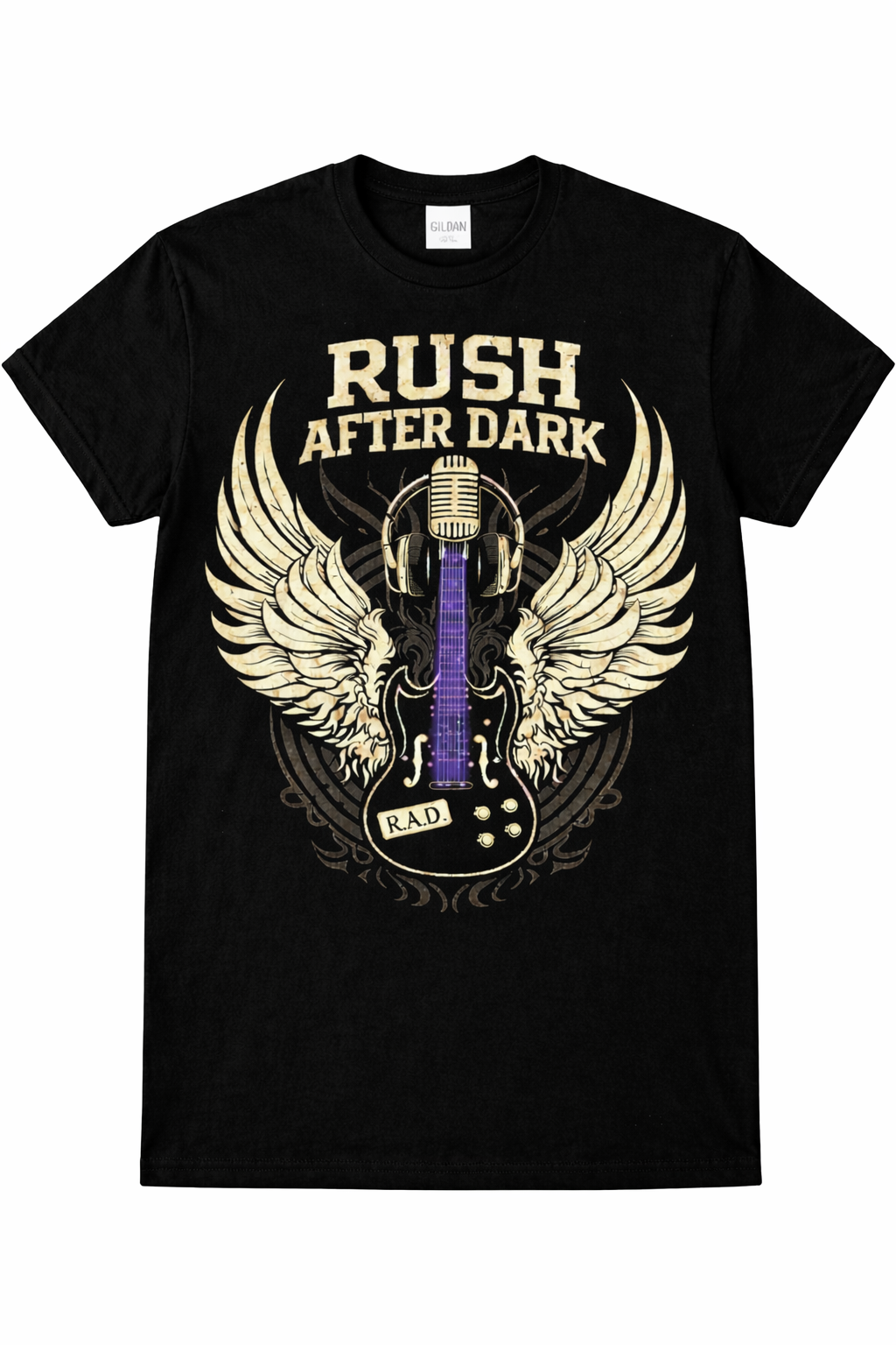 Rush After Dark Vintage Rock T-Shirt – Winged Guitar Graphic Tee for Gen X Music Lovers