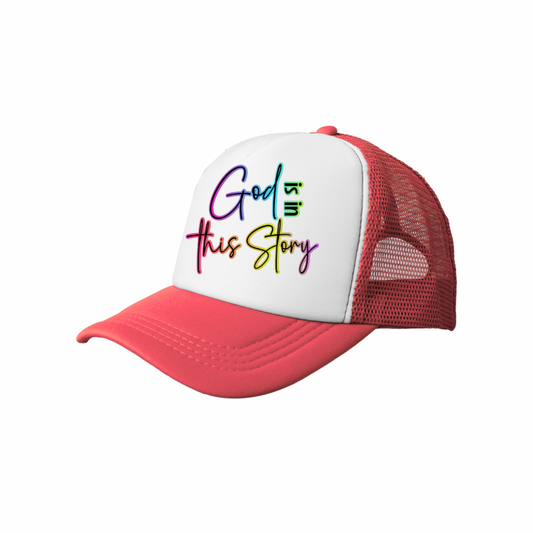 God Is in This Story | Pink & White Trucker Hat (Faith-Based Bold Statement Cap)