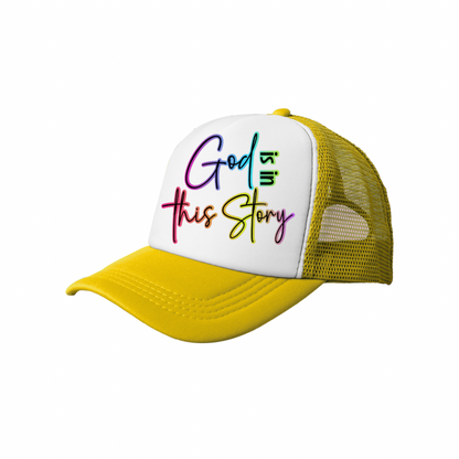 God Is in This Story | Pink & White Trucker Hat (Faith-Based Bold Statement Cap)