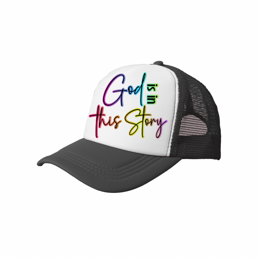 God Is in This Story | Pink & White Trucker Hat (Faith-Based Bold Statement Cap)