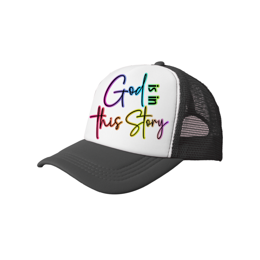 God Is in This Story | Pink & White Trucker Hat (Faith-Based Bold Statement Cap)