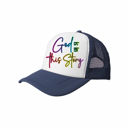 God Is in This Story | Pink & White Trucker Hat (Faith-Based Bold Statement Cap)