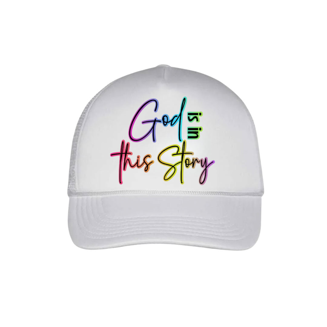 God Is in This Story | Pink & White Trucker Hat (Faith-Based Bold Statement Cap)