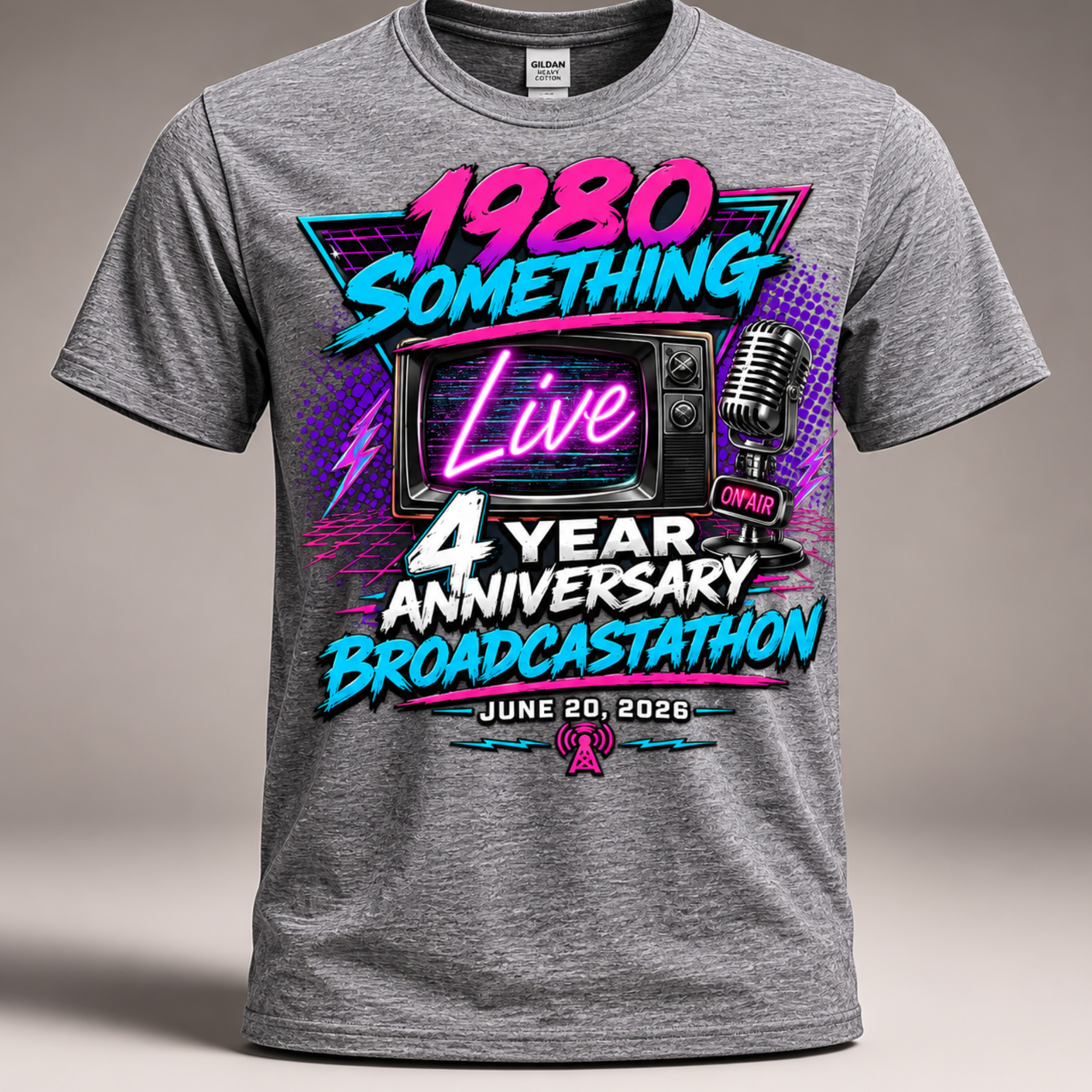 1980 Something LIVE 4-Year Anniversary Broadcastathon Shirt | Retro Radio & Gen X Celebration Tee