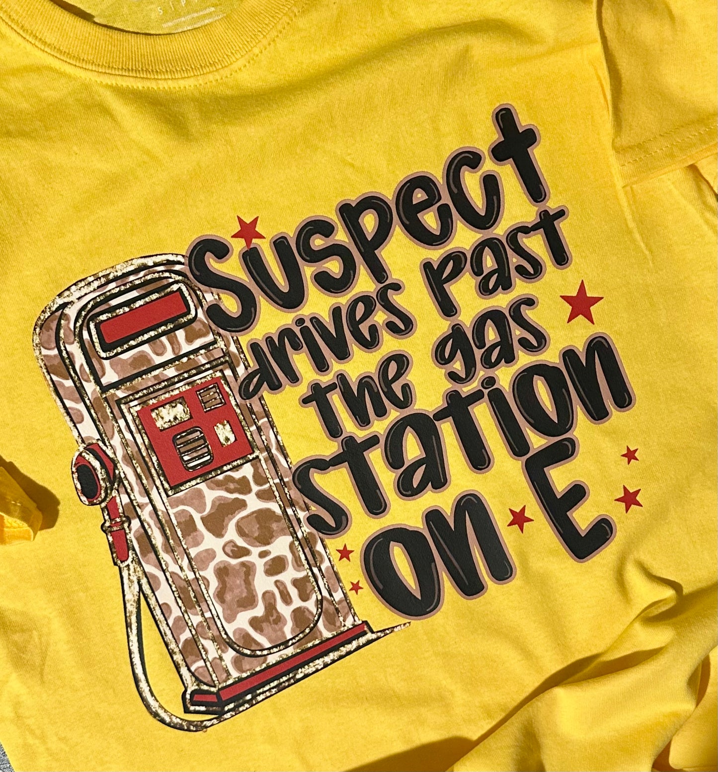 Suspect Drives on E" Giraffe Gas Pump Funny Sweatshirt or T-Shirt for Women