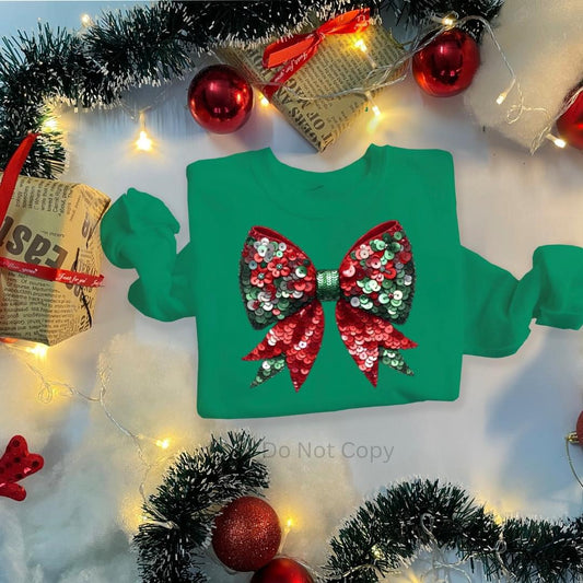 Red Green Faux Sequin Bow T, Long Sleeve T or Sweatshirt