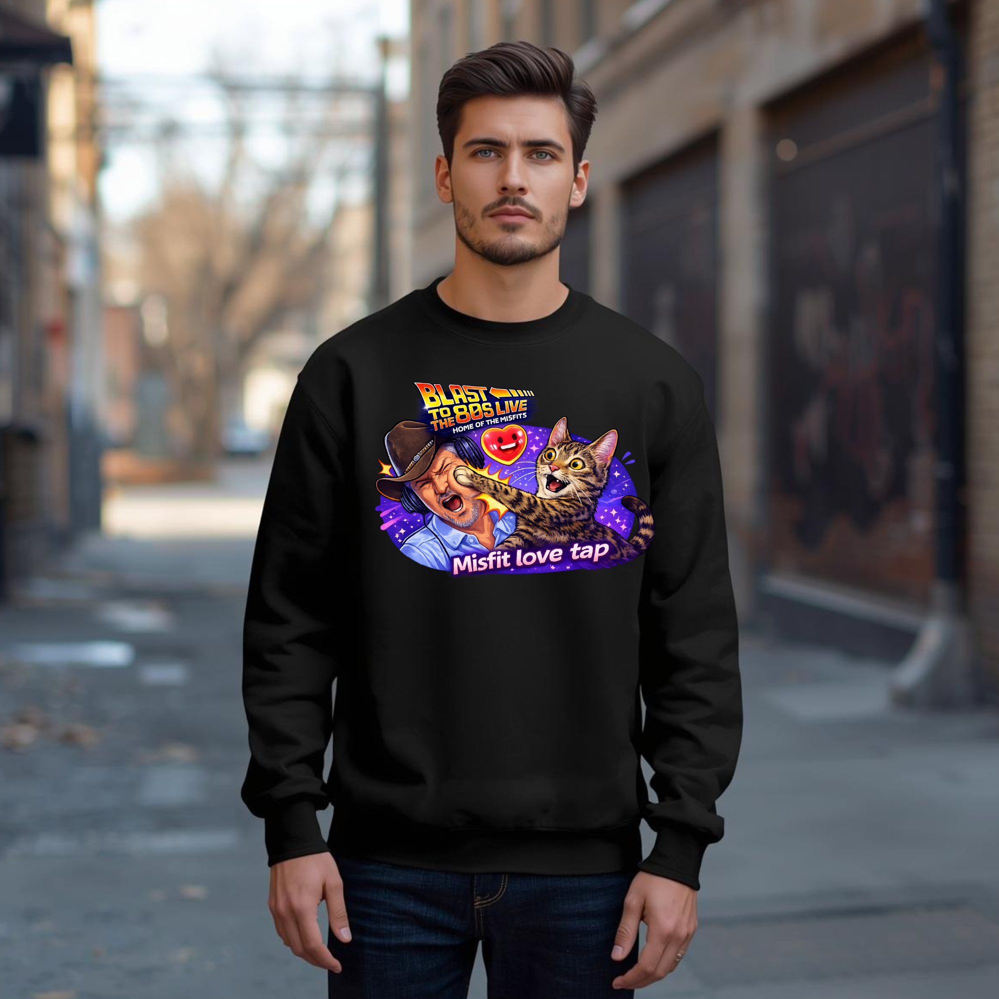 Blast to The 80s Live Misfit Tap Sweatshirt | Retro Neon Skeleton Sweatshirt