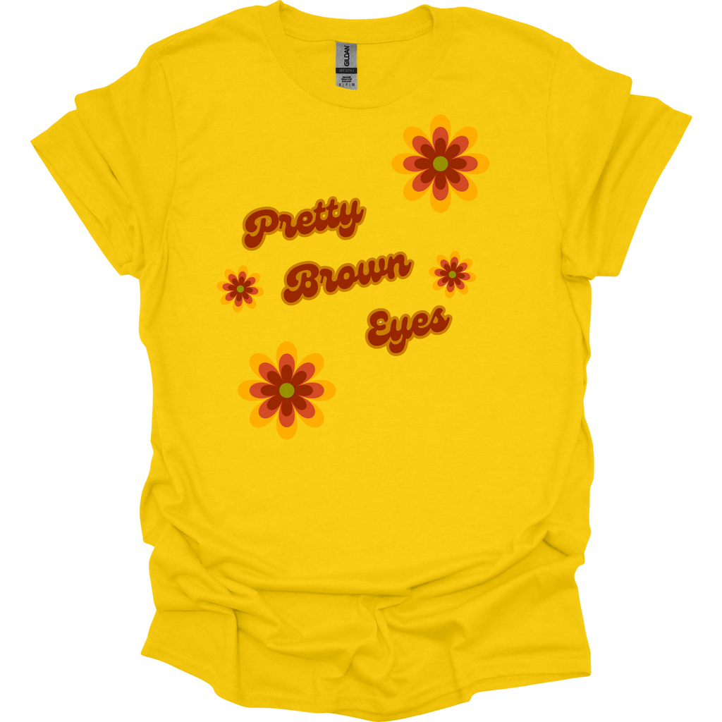 Pretty Brown Eyes Retro T-Shirt – Vintage 70s Daisy Graphic Tee for Gen X Women