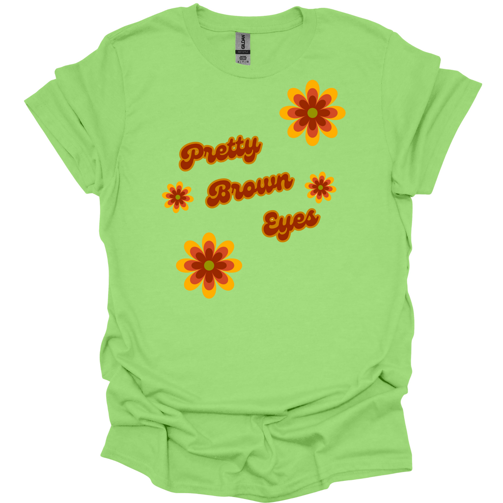 Pretty Brown Eyes Retro T-Shirt – Vintage 70s Daisy Graphic Tee for Gen X Women