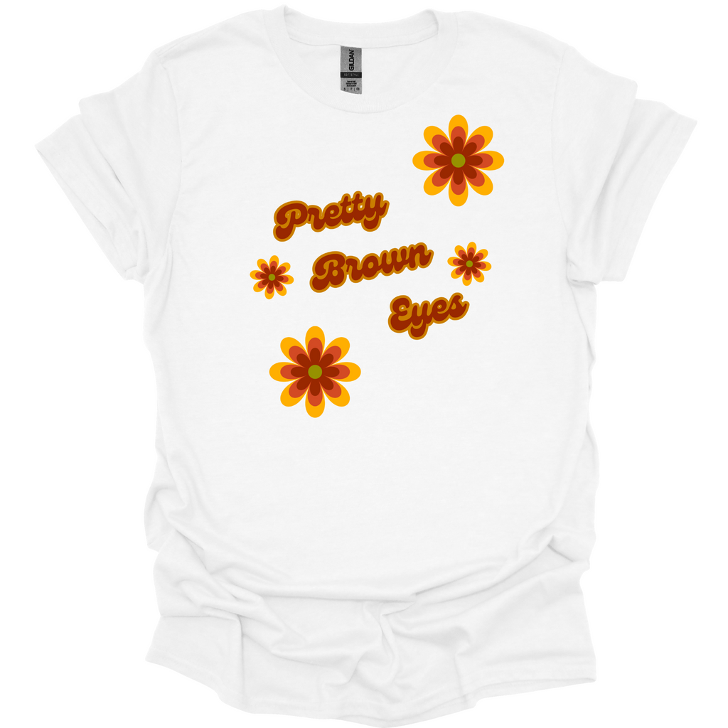 Pretty Brown Eyes Retro T-Shirt – Vintage 70s Daisy Graphic Tee for Gen X Women