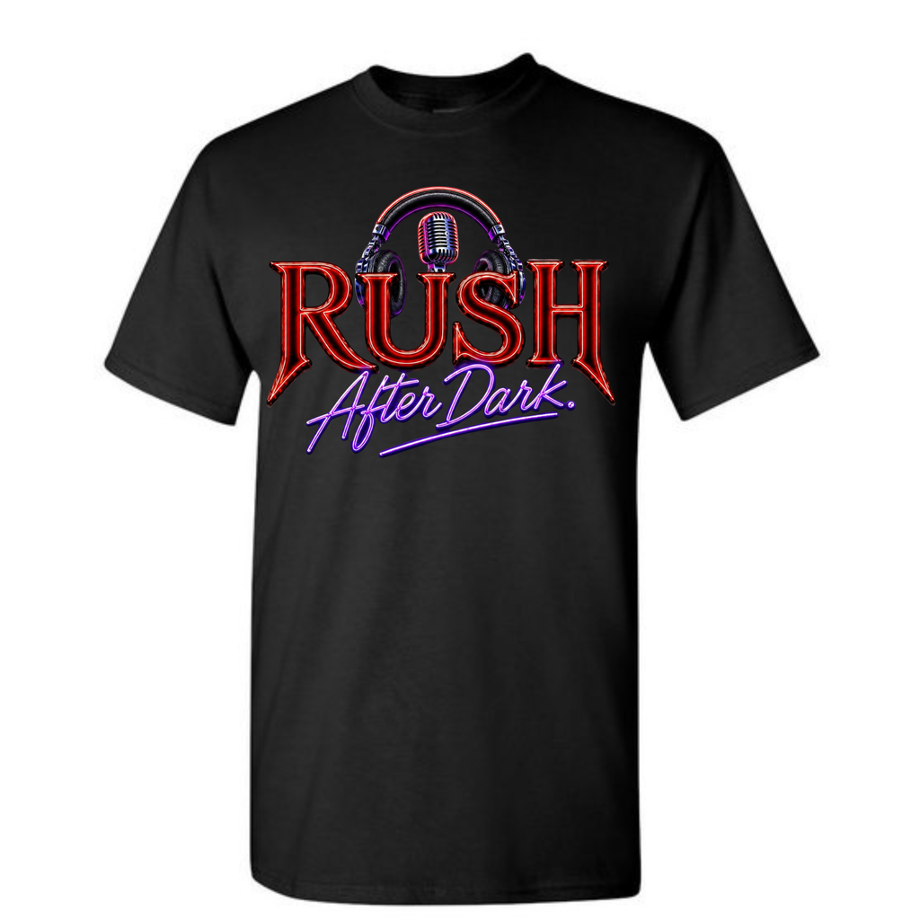 RUSH After Dark Neon Graphic T-Shirt – Retro Radio DJ Vibes Tee