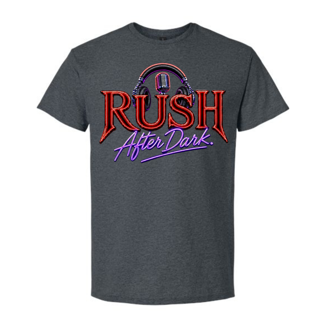 RUSH After Dark Neon Graphic T-Shirt – Retro Radio DJ Vibes Tee