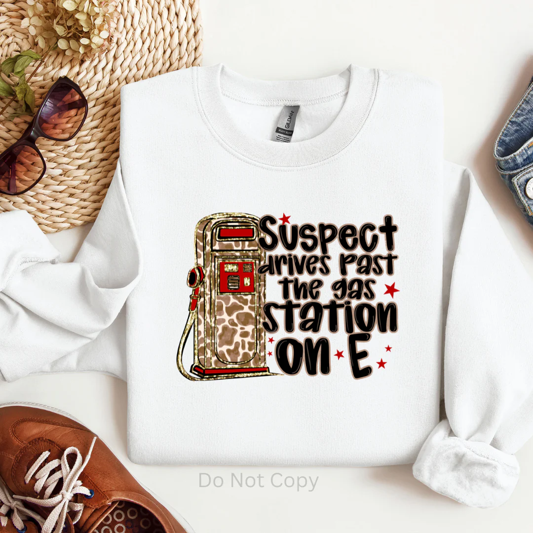 Suspect Drives on E" Giraffe Gas Pump Funny Sweatshirt or T-Shirt for Women