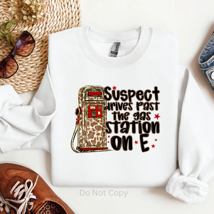 Suspect Drives on E" Giraffe Gas Pump Funny Sweatshirt or T-Shirt for Women